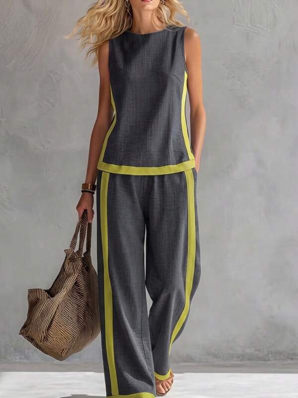 Balvessa Set estivo casual da 2 pezzi con canotta patchwork colorblock e pantaloni lunghi