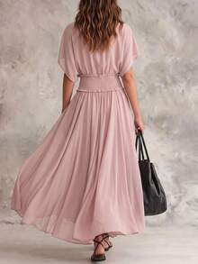 SHEIN Franclia Französisches lässiges fließendes Zweiteiler-Outfit, Sommer Staubiges Rosa Rundhalsausschnitt Fledermausärmel Tailliertes Top + Weite Hose, Alltag Strand Urlaub - Pink - Übersicht 2