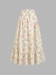 Sunnyshic Women's Spring/Summer Sweet Pastoral Vacation Casual Daily Street Party Versatile Ditsy Floral Print Waist Knot Gathered Ruffle Patchwork Low Waist Long Skirt - Multicolor - View 3