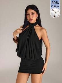 SHEIN PETITE 高領掛脖露背迷你洋裝，棉混紡舒適，適合嬌小女性 - 黑色 - 查看 5