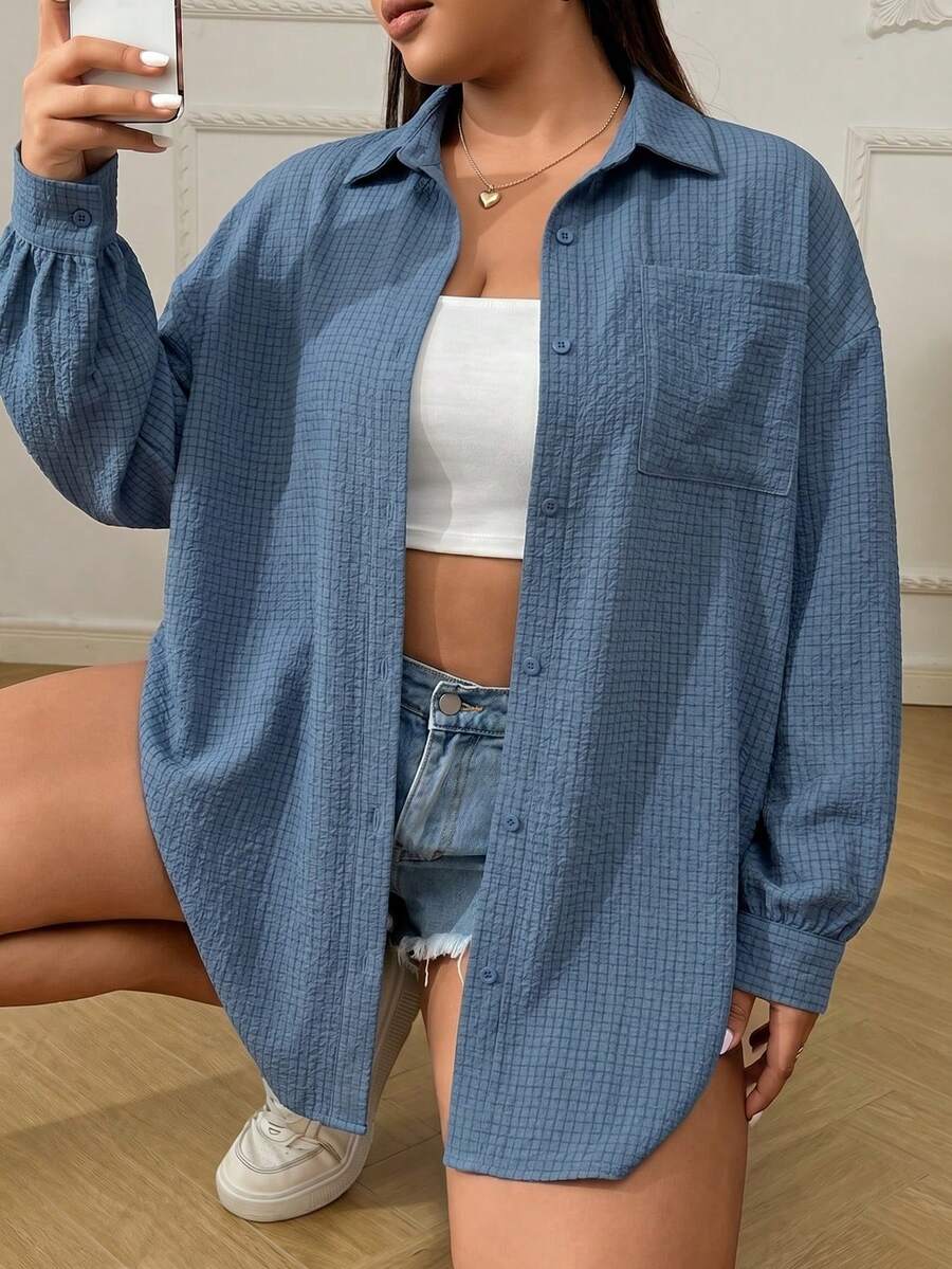 SHEIN EZwear 大尺碼女款素色休閒百搭日常出遊襯衫 - 霧霾藍 - 查看 1