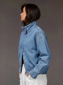 Athîral Denim Women's Long Sleeve Zipper Front Casual Denim Jacket - Medium Wash - View 5
