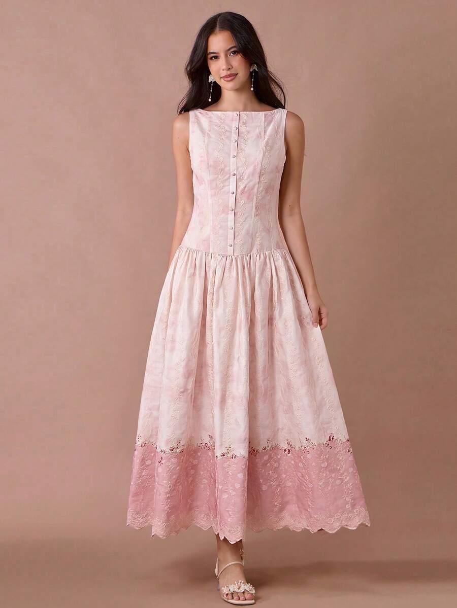 Enchnt Women's Contrast Color Button Half-Placket Embroidered Sleeveless Elegant Long Dress - Pink - View 1