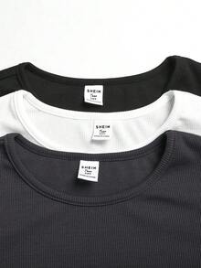 SHEIN 青少年女孩純色圓領休閒百搭日常長袖T恤 3件/套 - 彩色 - 查看 5