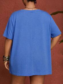 SHEIN CURVE+ Sommer Damen Große Größen Einfarbiges Fuchsia Kreuz V-Ausschnitt Kurzarm T-Shirt - Blau - Übersicht 2