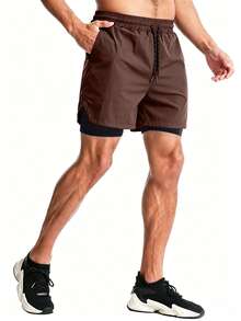 Coreblaze Men's Drawstring Waist Double Layer Sports Shorts - Brown - View 3