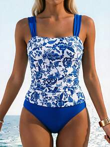 Swim Lushoire 女款兩件式泳衣套裝，花卉印花，粗肩帶，抓皺修身剪裁，夏季度假海灘穿搭，藍色花卉皇家藍牙買加風 - 藍白色 - 查看 3