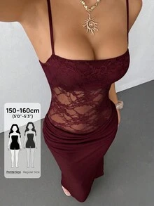 SHEIN PETITE 女款蕾絲透視細肩帶洋裝，性感派對穿搭，約會之夜穿著，度假洋裝，適合秋冬，可作為內搭層穿著 - 紫紅色 - 查看 8