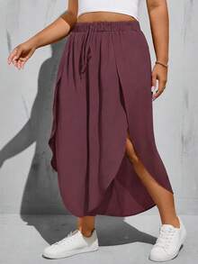 SHEIN Essnce Plus Size Black Elastic Waist High Slit Wide Leg Baggy Pants Summer - Redwood - View 6