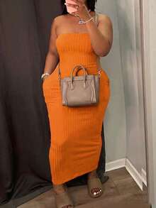 Slaydiva Slayr Plus Elegant Sexy Casual Solid Color Fitted Pocket Strapless Dress For Women Plus Size Vacation Orange Summer - Orange - View 7