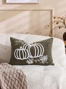 Cirelle 1pc/2pcs Fall Pumpkin Embroidery Lumbar Pillow Covers, Textured Rectangular Cushion Cases With Pumpkin Vine Leaf Pattern, Farmhouse Thanksgiving Autumn Decor For Sofa Bedroom Bay Window Homestay, Pillow Insert Not Included - Dark Green - View 6