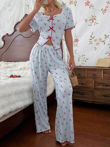 CottageSlumber Conjunto de pijama de 2 piezas para mujer con manga corta y pantalones largos, estampado de rayas de cereza, textura de punto de encaje romántico - Multicolor - Ver 3