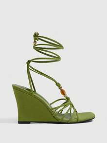 CUCCOO SZL Ladies Fashion Elegant Party, Thick Heel Wedge, Square Toe Kink, Lace-Up Beaded Sandals - Green - View 2