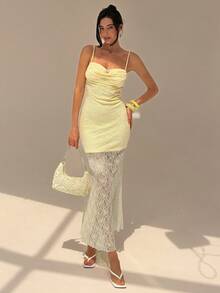 Glamine Women's Lace Patchwork Backless Spaghetti Strap Dress Vacation Light Yellow Summer Elegant - Butter Yellow - View 3