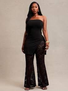 Radiana Plus Size Women's Sexy Elegant Black Lace 2-Piece Set High Elastic Thick Ribbed Bandeau Top And Lace Flare Pants Party Date Night Summer - Black - View 4