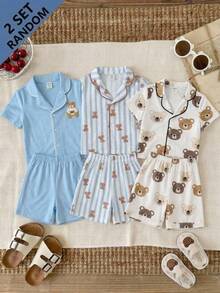 SHEIN 4pcs/Set Baby Boy Summer Cute Casual Cartoon Pattern Striped Bear Print Short Sleeve Knit Loungewear Set, Multi-Piece Loungewear - Multicolor - View 2