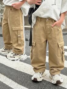 SHEIN Kids Young Boy Casual Straight Leg Cargo Jeans - Khaki - View 1