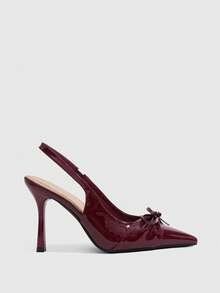 CUCCOO SZL Pointed Bow Back Strap High Heels, Patent Leather Low Vamp Stiletto Shoes, Commuter Dating Temperament Women's Shoes - Burgundy - View 2
