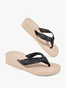 Grefit Damen Flip-Flops, strohgewebte Keilabsatz-Plateau-Pantoletten, Bohemian-Stil gewebte Lässig-Pantoletten, und bequeme Strand-Urlaubssandalen - Schwarz - Übersicht 11