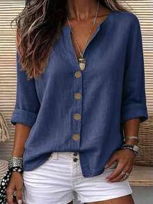 Zayélia Lady's Smooth-Woven Elegant And Simple Casual Summer Blouse, Work Shirt - Blue - View 1