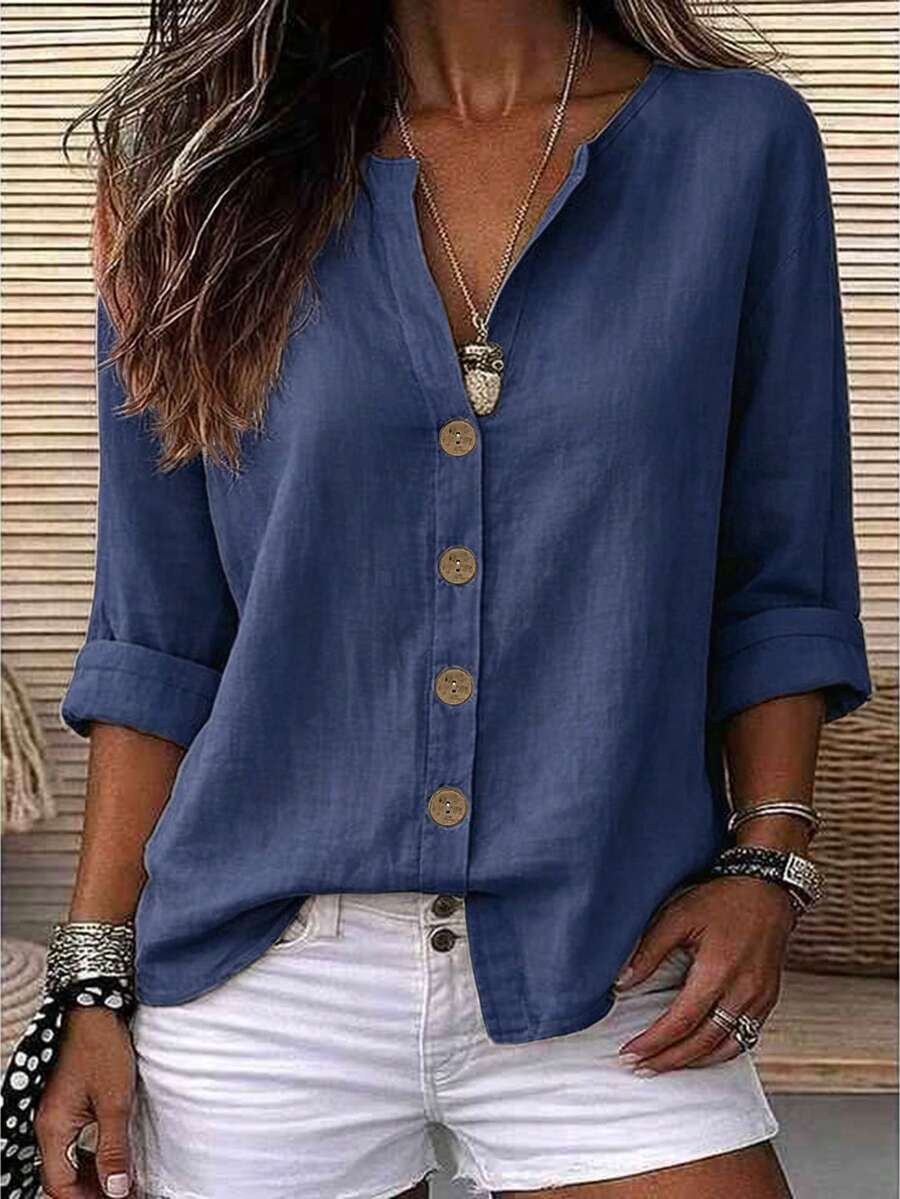 Zayélia Lady's Smooth-Woven Elegant And Simple Casual Summer Blouse, Work Shirt - Blue - View 1