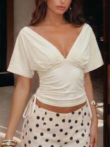 Privoire Fashionable & Elegant V-Neck Ruched Waist Summer Knit T-Shirt For Women - Apricot - View 12