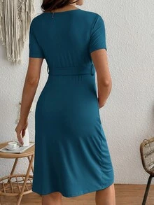 SHEIN 孕婦純色V領哺乳功能休閒日常穿著洋裝 - 水鴨藍 - 查看 2