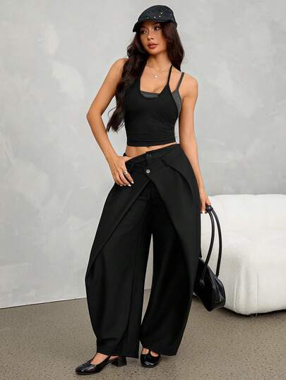 SHEIN PETITE Women's Fashion Commuter Design Curved Leg Long Pants