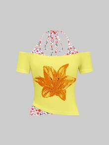 Attitoon Women's Floral Print 2 In 1 Colorblock Casual Versatile Halter Neck T-Shirt - Multicolor - View 3