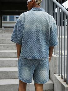 Manfinity EMRG 男士牛仔街頭風休閒刺繡藍色牛仔套裝 - 中等水洗藍 - 查看 2