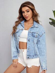 Flexra Drop Shoulder Pearl Beaded Denim Jacket - Light Wash - View 4