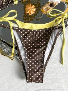 Swim Mod 女款兩件式泳衣套裝，2合1設計，波點印花搭配純色對比，綁帶細節，夏季度假海灘穿搭 - 彩色 - 查看 3