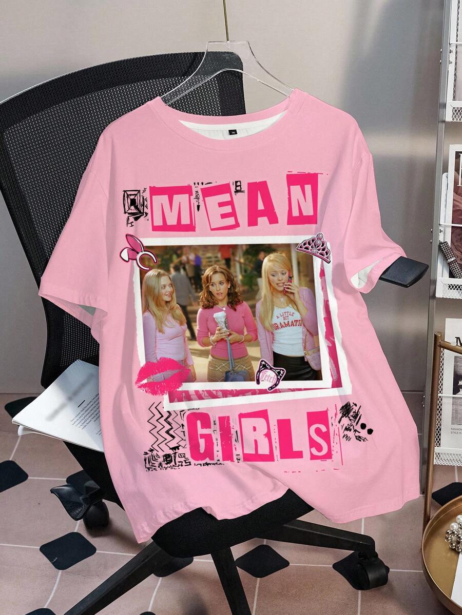 Mean Girls | SHEIN تي شيرت نسائي مقاس كبير بطبعة حروف وشخصيات، ياقة دائرية وأكمام قصيرة - أبيض - مشاهدة 1