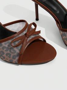 CUCCOO SZL Women Shoes Spring And Summer New Wine Multi-Color Leopard Print Mesh High-Heeled Sandals, Bow Open-Toed Stiletto Mules Shoes, Sexy Hot Girl Style, D - Brown - View 5