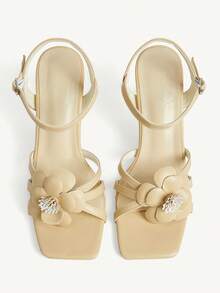 CUCCOO CHICEST Zapatos de mujer con flores tridimensionales multicolor, punta cuadrada, tacón de aguja y hebilla, sandalias de estilo dama suave, modelos de primavera y verano adecuados para citas - Albaricoque A - Ver 2