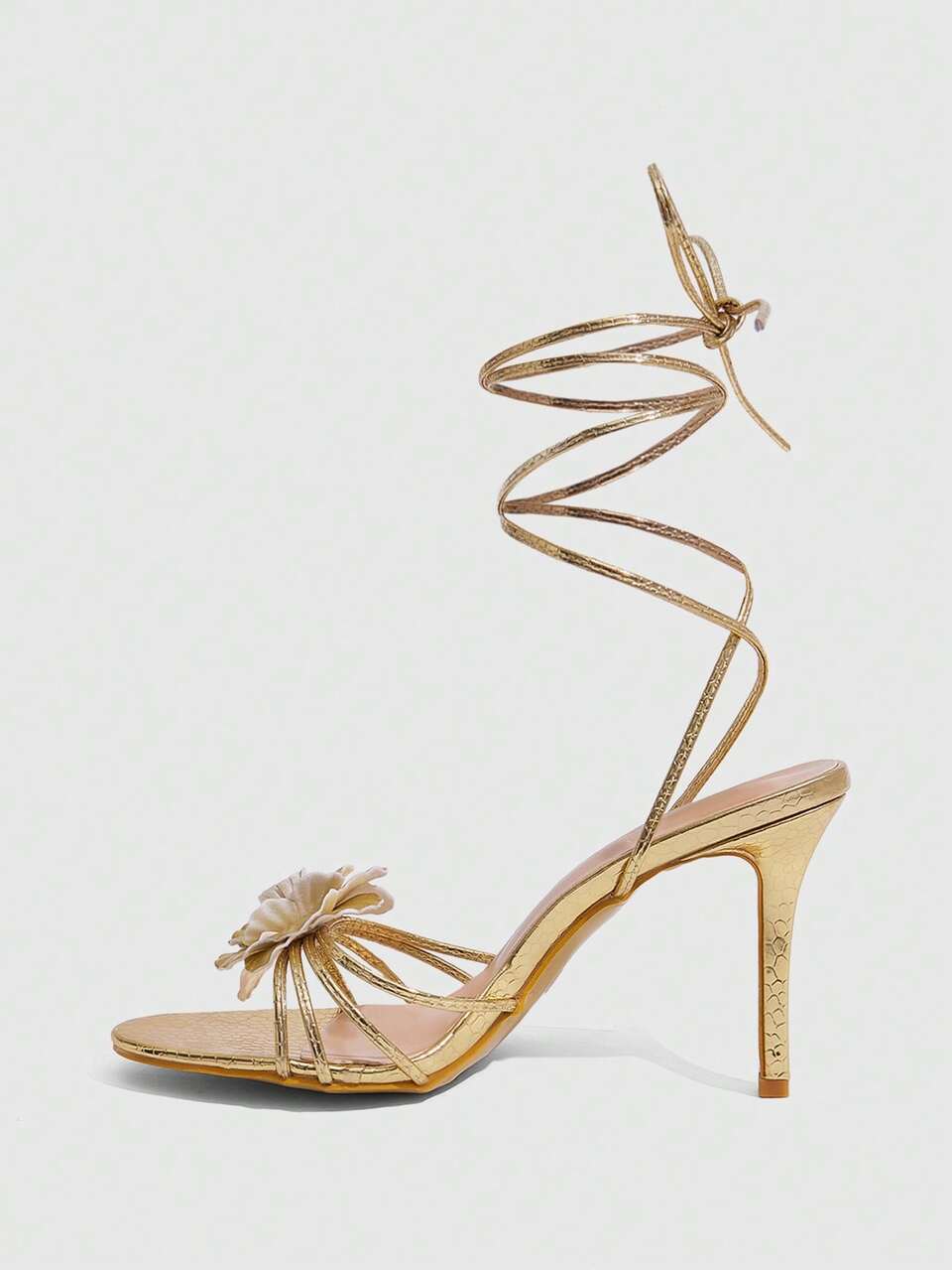 CUCCOO SZL Women Shoes Golden Snake Pattern Leather Three-Dimensional Camellia Pointed Toe Thin Heel Strap Sandals Light Luxury Celebrity Style Spring And Summer