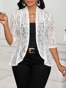 SHEIN Lady Chaqueta regular de encaje de unicolor elegante para mujer - Blanco - Ver 4
