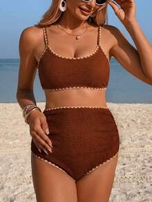 Swim Vcay 26SS Summer Beach Vacation Casual Black Dogtooth Contrast Color Maternity Swimwear Set - Brown - View 5