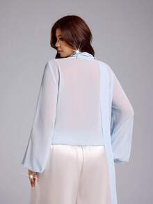 Viva Relle Damen Große Größen einfarbige Überlappung V-Ausschnitt Langarm sexy Chiffon Bluse - Blau - Übersicht 5