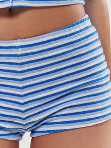 MUSERA Striped Fleece Towelling Low Rise Fitted Micro Shorts Hotpants Only Spring Summer Cute Girly Holiday - Blue - View 6
