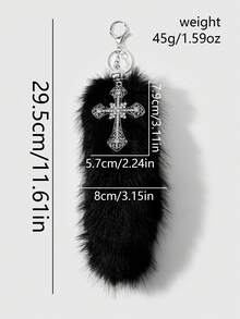 ROMWE Goth 1 Y2k Punk Dark Wind Black Simulation Wolf-Tailed Raccoon Tail Rhinestone Cross Decoration DIY Keychain Bag Pendant, Suitable For Girls To Wear - Black-59 - View 3