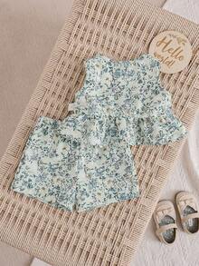 Newborn Baby Girl Vacation Casual Cute Floral Pattern Bow Tank Top & Shorts Set - Mint Green - View 7