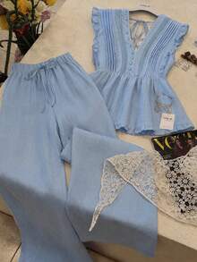 Franclia 溫柔風亞麻兩件套，夏季V領荷葉邊無袖上衣 + 高腰抽繩寬腿褲 - 藍色 - 查看 1