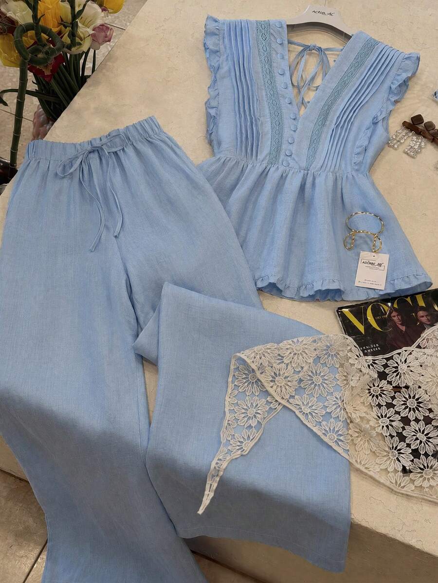 Franclia 溫柔風亞麻兩件套,夏季V領荷葉邊無袖上衣 + 高腰抽繩寬腿褲 - 藍色 - 查看 1