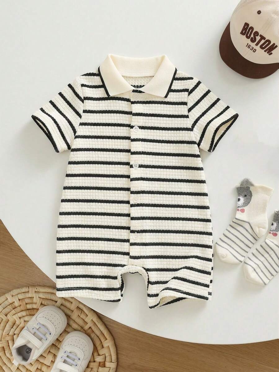 SHEIN Unisex Newborn Baby Boy/Girl Spring/Summer Casual Cute Striped Short Sleeve Romper, Baby Boy Outfit Sets, Baby Boy Summer Clothes, Baby Rompers - Multicolor - View 1