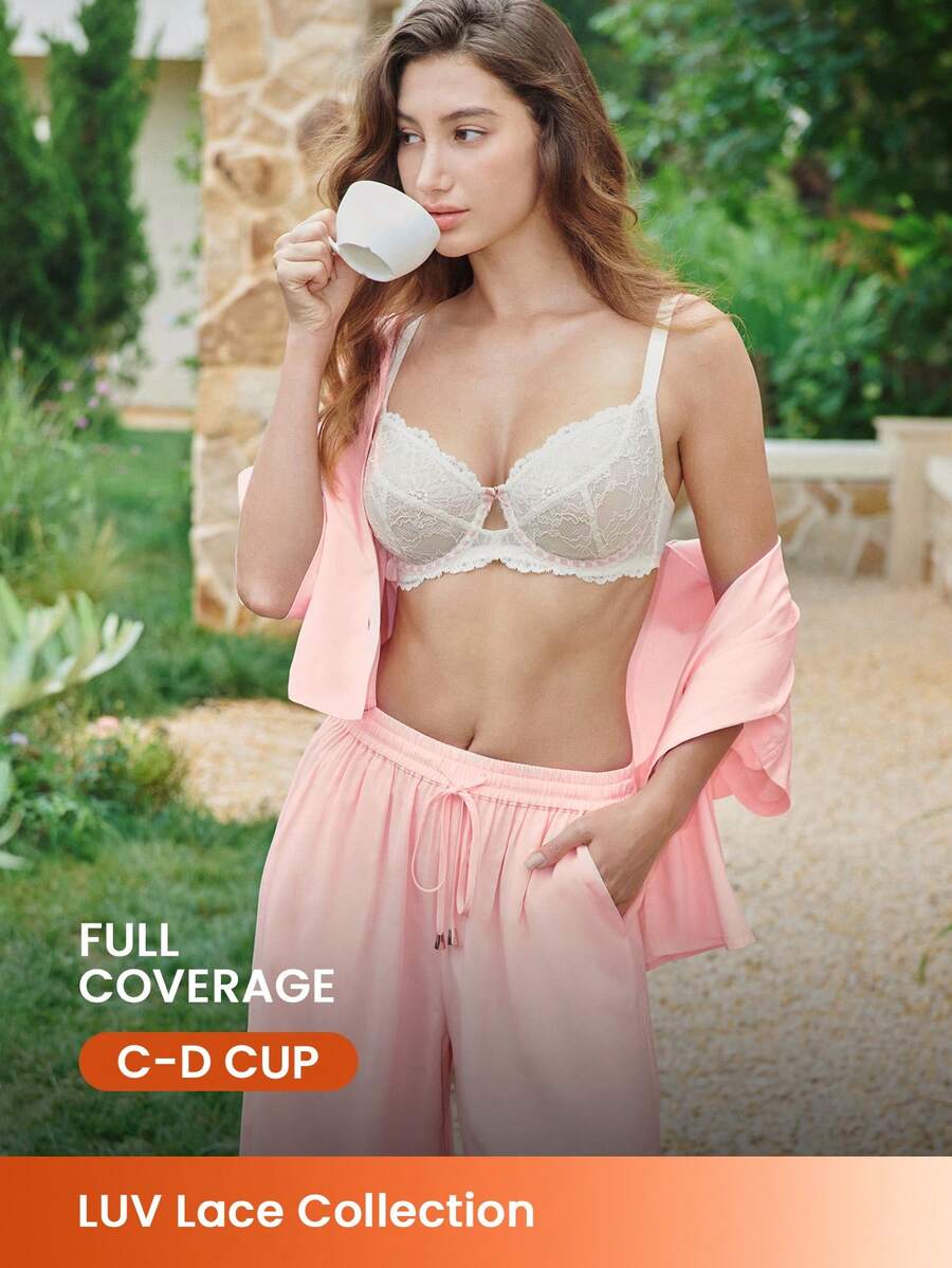 LUVLETTE Full Coverage Breathable Unlined White Lace Elegance & Mesh Keyhole Detail Lingerie Lounge Curve Sheer Minimizer Bridal Intimates Wedding Bra - White - View 1