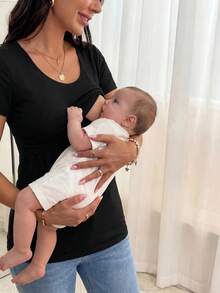 SHEIN 孕婦大圓領素色哺乳T恤 - 黑色 - 查看 3