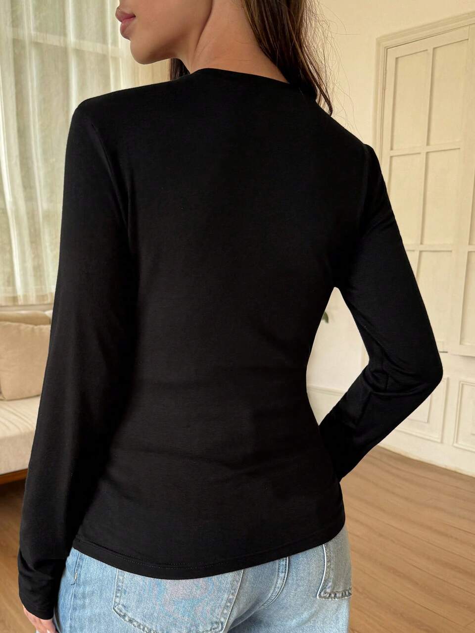Solid Color Slim Fit Half-Button Front Tight-Fitting Versatile Daily Black Long Sleeve Spring/Autumn Maternity T-Shirt