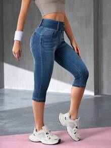 SHEIN Essnce 女款休閒日常牛仔七分褲附口袋 - 深色水洗藍 - 查看 4