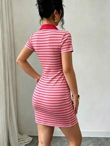 SHEIN Raffinéa Shirt Collar Knit Striped Fabric V-Neck Fitted Short Sleeve Mini Dress - Hot Pink - View 3